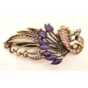Vintage Brass Peacock Hair Clip With Purple & Pink Rhinestones